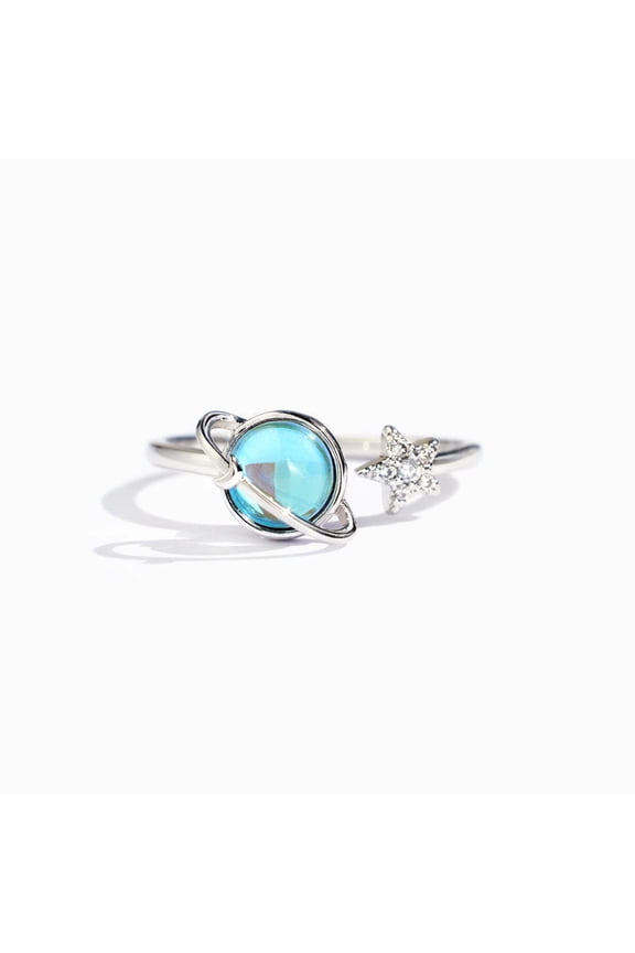 Women's 925 Sterling Silver Celestial Star Moon Earth Ring, White Gold Plated Adjustable Open Index Finger Ring, Minimalist Planet Fashion Jewelry
