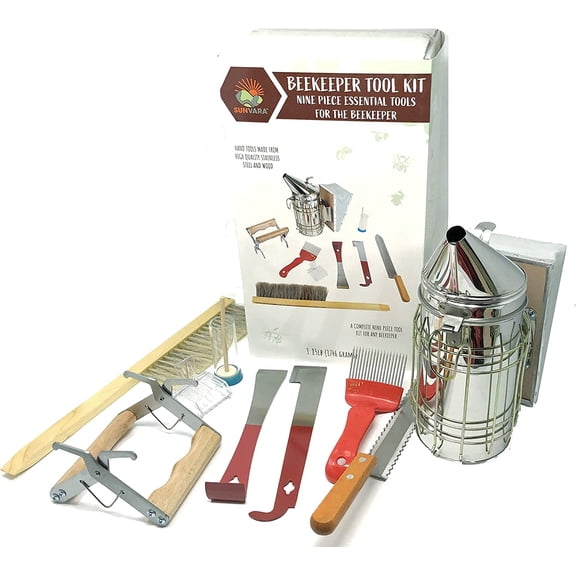 SunVara Beekeeper Toolkit Nine Piece Essentials, Beekeeping Starter Kit Bee Smoker, Hive Tools, Uncapping, Queen Marking