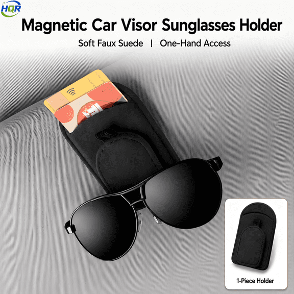 Magnetic Sunglasses Holder for Car Visor, Faux Suede Eyeglass Clip with Soft Lining and Card Holder, One-Hand Access Car Interior Organizer, Black