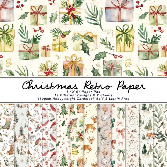 SunWMart Christmas Scrapbook Paper 6 x 6 Single Sided Printing 48 Sheets Decoupage Craft Paper Pad Cardstock for Junk Journals Card Making Photo Album Decor