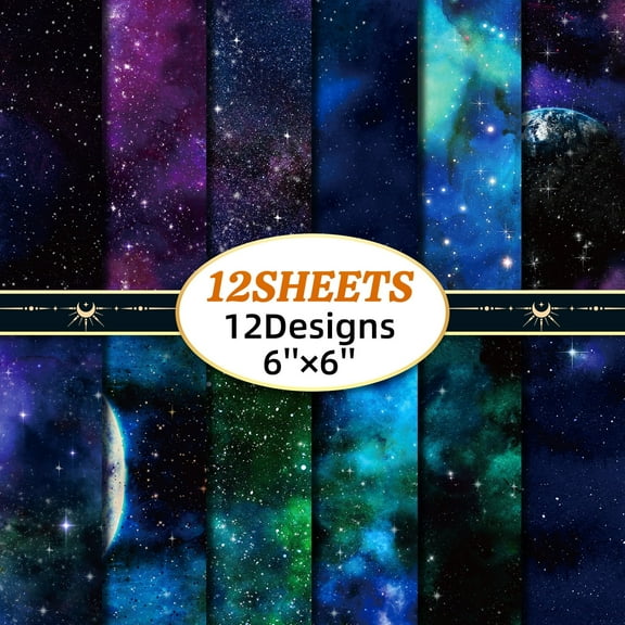 SunWMart Galaxy Scrapbook Paper Pad Decorative 6x6 Inch Single Sided Starry Sky CardStock for Holiday Cardmaking DIY Origami Craft Journaling Photo Frame Album, 2 Sets/24 Sheets