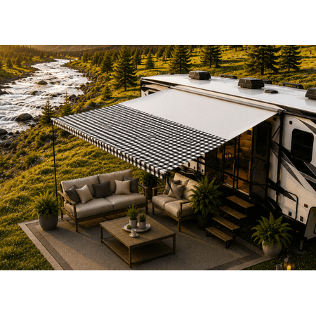 SunWave- RV Awning Fabric Replacement | RV Electric Awning Fabric Replacement | Premium Vinyl RV Canopy | Awning Replacement (14', Checkered Pattern)