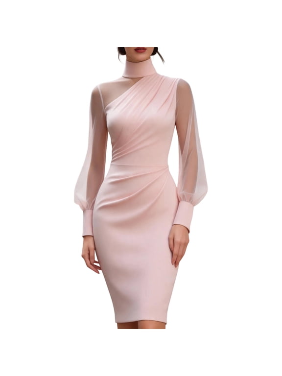 SunWomen Fashion Elegant Stand up Collar Lace Solid Long Leeve Dresses, Wedding Guest Dress Spring Fall Comfort Skirt
