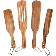Sunaei Cooking Kitchen Utensil Teak Wood Spurtle Set Pack Of 4 Wooden Utensils Four Different Types and Sizes. Hangable Teak Wood Spurtles, Brown