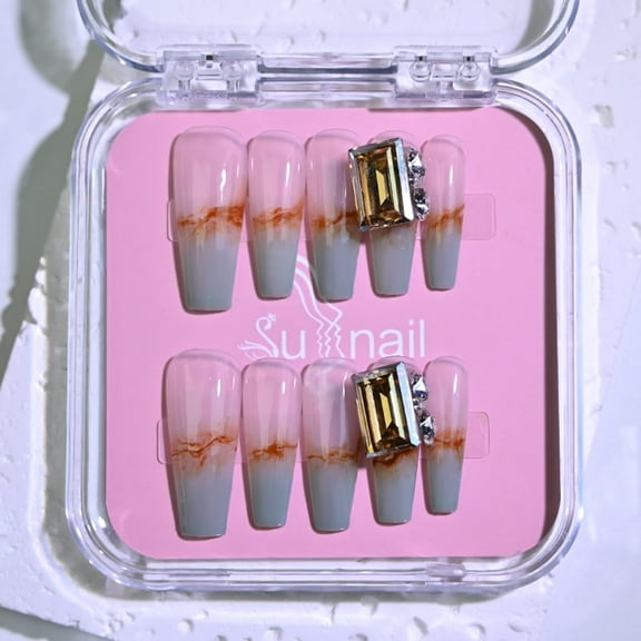 Sunail Handmade Long Coffin Press-On Nails, Gel Nail Stickers,Nail Art