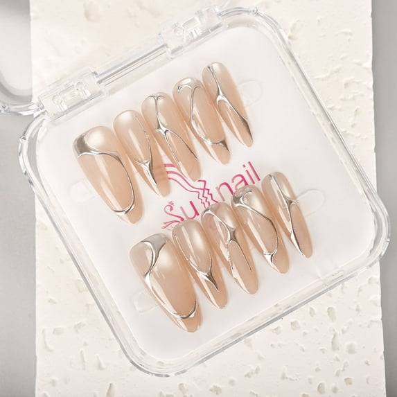 Sunail Medium Press-On Nails – Modern French Pink Tip, Long Glue-On Fake Nails for Women
