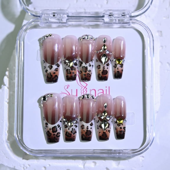 Sunail long real handmade nails cheap,long fake press on nails,gel nail stickers,balerina nail strips,false nails art Christmas gifts,Leopard - shadow Diamond - glorious	L
