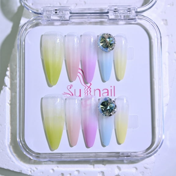 Sunail long real handmade nails cheap,long fake press on nails,gel nail stickers,stiletto nail strips,false nails art Christmas gifts,Colorful - dream Rhapsody L