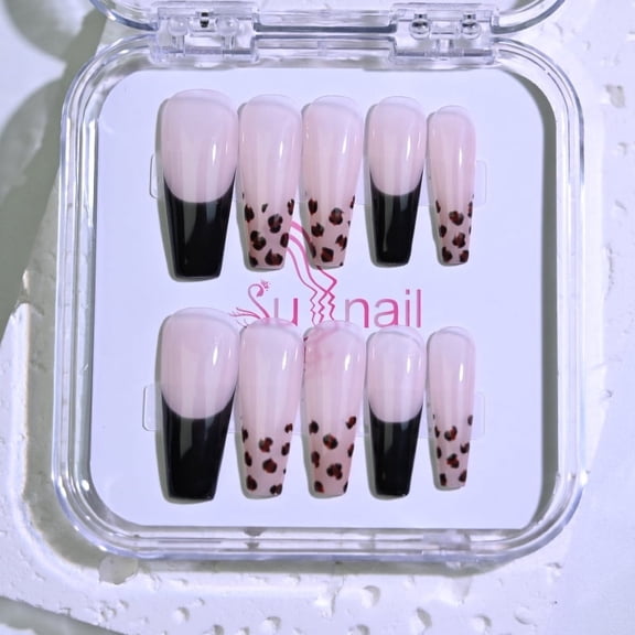 Sunail long real handmade nails cheap,long fake press on nails,gel nail stickers,stiletto nail strips,false nails art Christmas gifts,Leopard - charming Night Moon	L