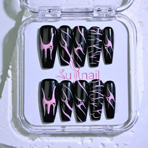 Sunail medium real handmade nails cheap,short fake press on nails,gel nail stickers,gold coffin nail strips,false nails art Christmas gifts,Black - shadow Pink - flame