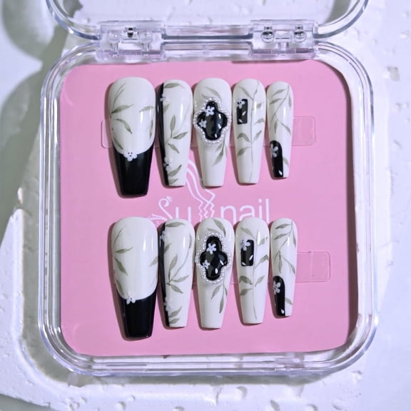 Sunail small real handmade nails cheap,long fake press on nails,gel nail stickers,White nail strips,false nails art Christmas gifts,Emerald - shadow Condensed - flower S