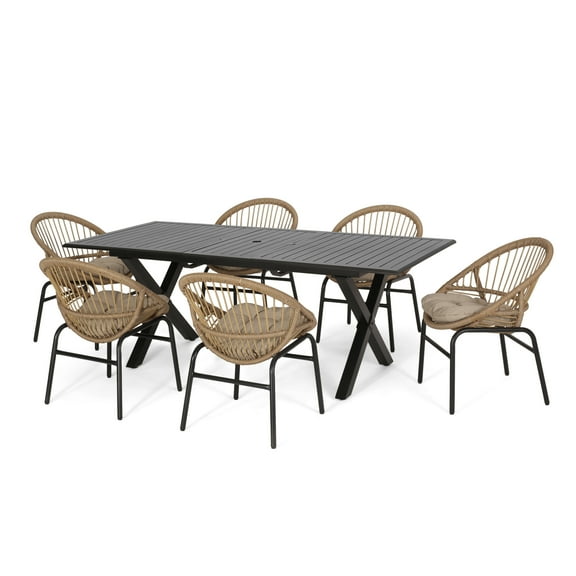 Sunapee Wicker and Aluminum Outdoor 7-Piece Expandable Dining Set with Cushion, Light Brown, Beige, and Matte Black