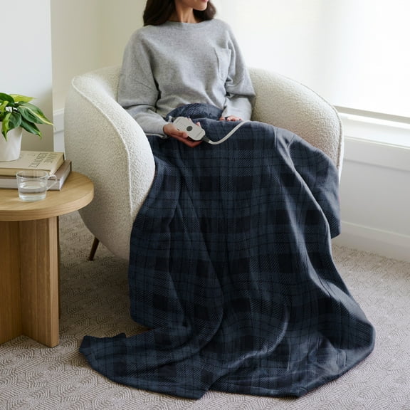 Sunbeam Blue Frankfurt Plaid Nordic Premium Electric Heated Throw, 50" x 60, 4 Heat Settings, Fast Heating, 4-Hour Auto Shut-Off, Machine Washable, Warm, Cozy & Comfortable