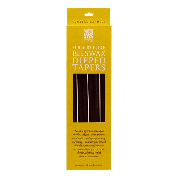Sunbeam Candles 100% Beeswax 10" Black Hand-Dipped Tapers | Box of 4 | 12-Hour Burn Time Each | Made in USA