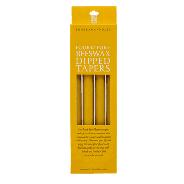 Sunbeam Candles 100% Beeswax 10" Natural Hand-Dipped Tapers | Box of 4 | 12-Hour Burn Time Each | Made in USA