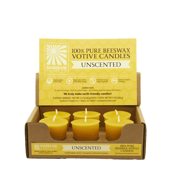 Sunbeam Candles 100% Beeswax Votives | 6-ct Box Prayer Candles | 15-Hour Burn Time Each | Made in USA