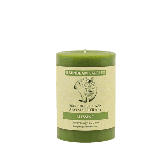 Sunbeam Candles 100% Pure Beeswax 3"x4.25" Blessing Aromatherapy Pillar | Lemongrass, Sage & Ginger | 70-Hour Burn Time | Made in USA