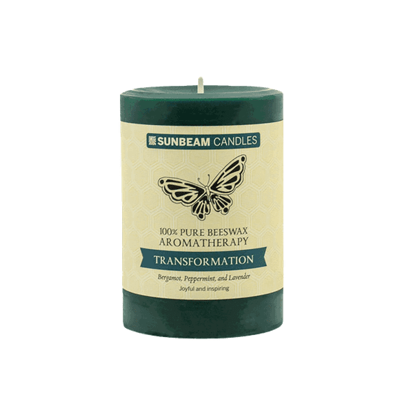 Sunbeam Candles 100% Pure Beeswax 3"x4.25 Transformation Aromatherapy Pillar | Bergamot, Peppermint & Lavender | 70-Hour Burn Time | Made in USA
