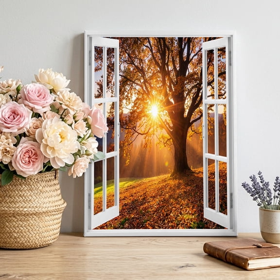 Sunbeam Canvas Wall Art Framed Wall Decor for Living Room Bedroom Bathroom, Open Window Fall Forest Old Oak Tree Sunburst Light Rustic Canvas Pictures Ready to Hang Decor, 16"x24"