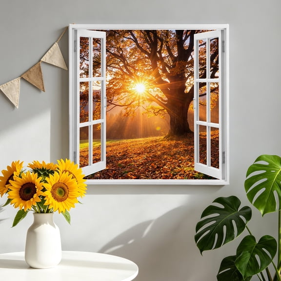 Sunbeam Canvas Wall Art Framed Wall Decor for Living Room Bedroom Bathroom, Open Window Fall Forest Old Oak Tree Sunburst Light Rustic Canvas Pictures Ready to Hang Decor, 8"x8"