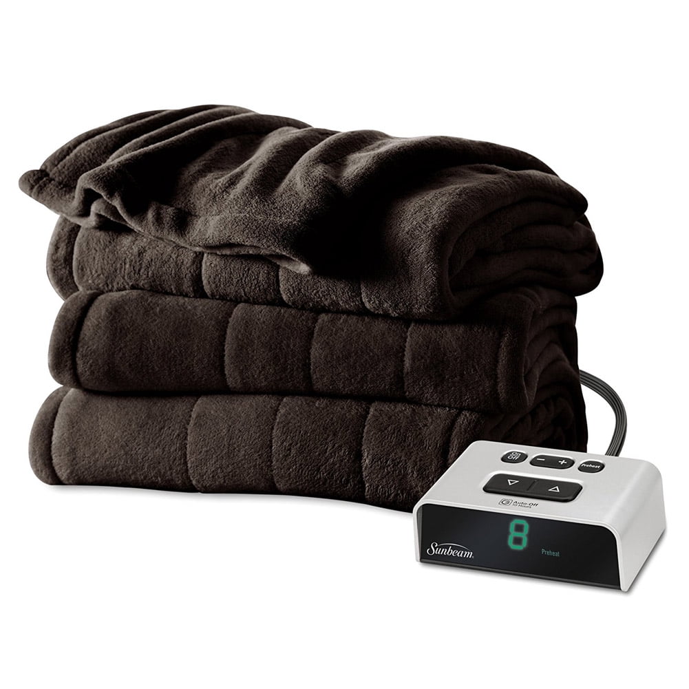 Sunbeam Channeled Microplush Electric Heated Warming Blanket Twin Walnut Brown