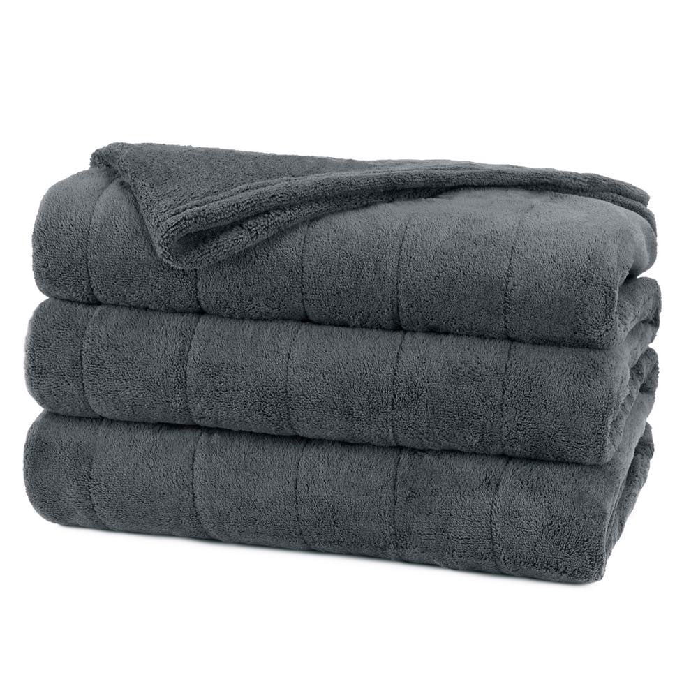 Sunbeam Channeled Velvet Plush Electric Heated Warming Blanket King Slate Gray