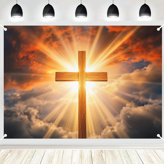Sunbeam Cloud Wooden Cross Backdrop, Sunset Sky Religious Inspirational Photo Background for Church Event & Wall Decor 5x7ft