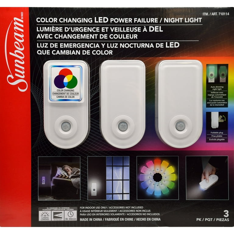 Sunbeam 3 Pack LED Night Light Color Changing Auto Sensor Rechargeable Outage Alert Walmart