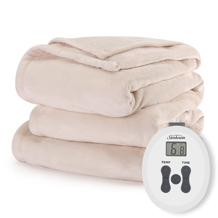 Sunbeam Cream Nordic Velvet Electric Heated Blanket Twin Size, 84" x 62", 12 Heat Settings, Fast Heating, Heating Blankets with Controller, Auto-Shut Off, Machine Washable, Warm, Cozy and Comfortable