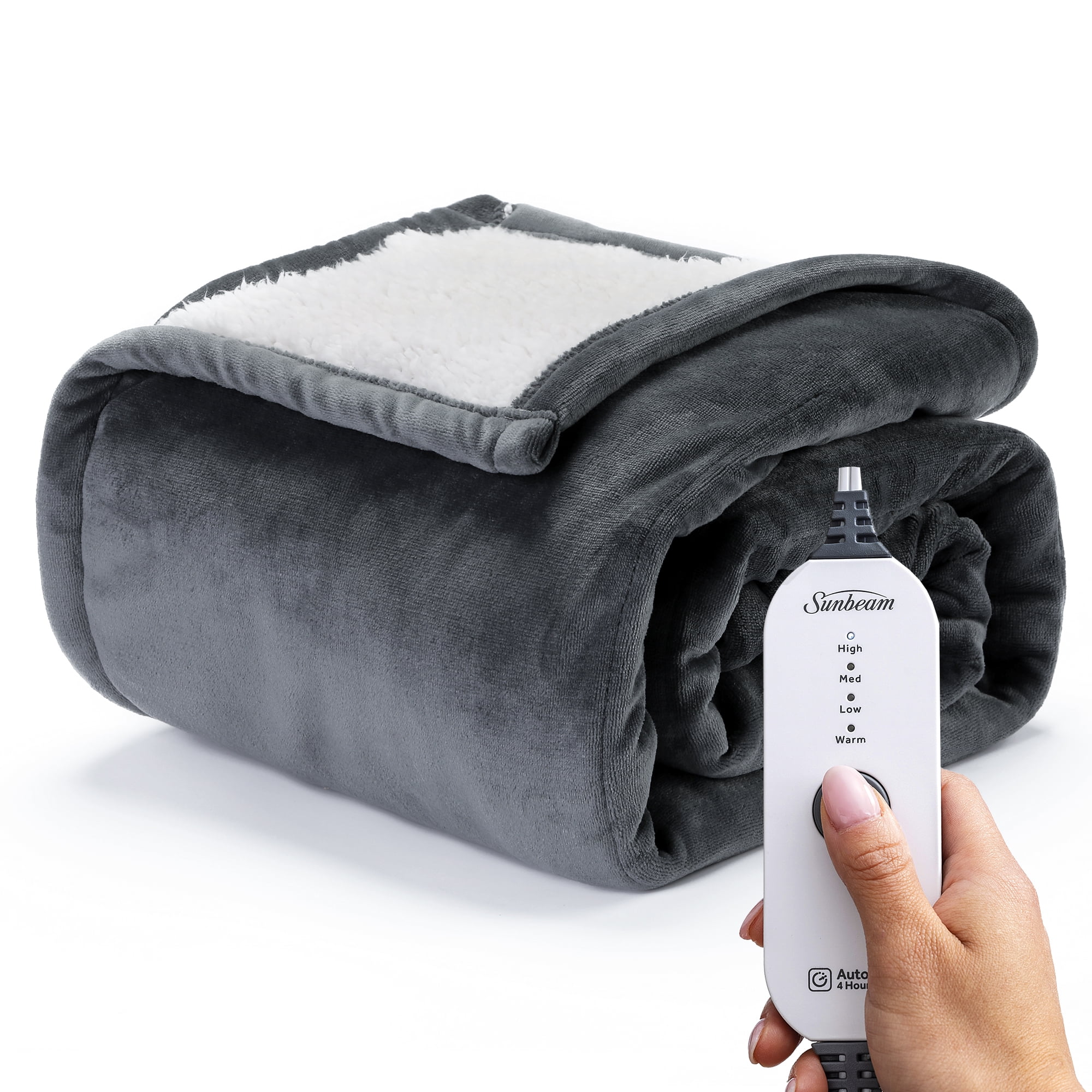 Sunbeam Dark Shadow Nordic Velvet Reversible Sherpa Electric Heated Throw,  50 x 60, 4 Heat Settings, Fast Heating, Warming Throws with Auto-Shut  Off, Machine Washable - Walmart.com