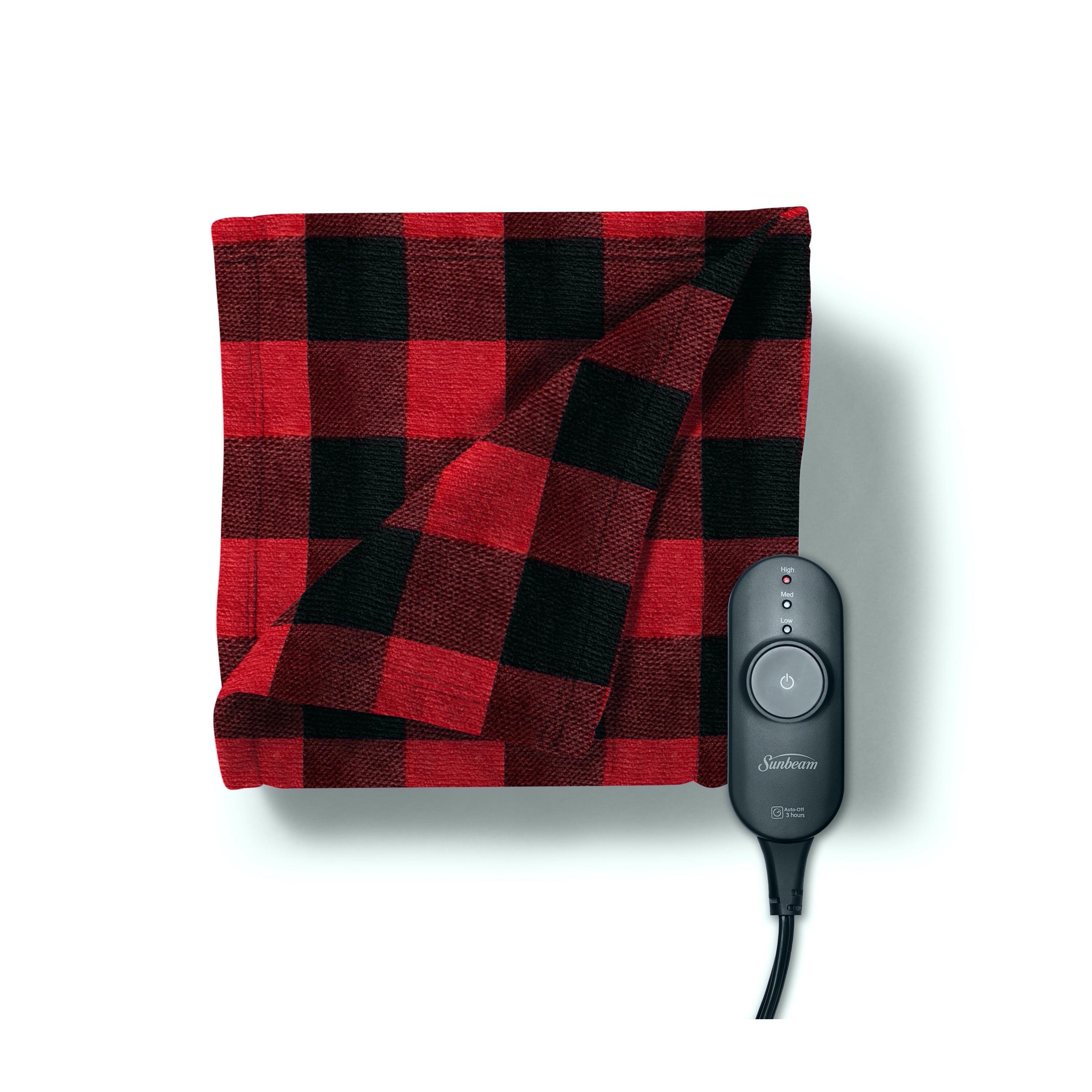 Sunbeam Electric Blanket Throw Fleece (50" x 60"), Red/Black Plaid
