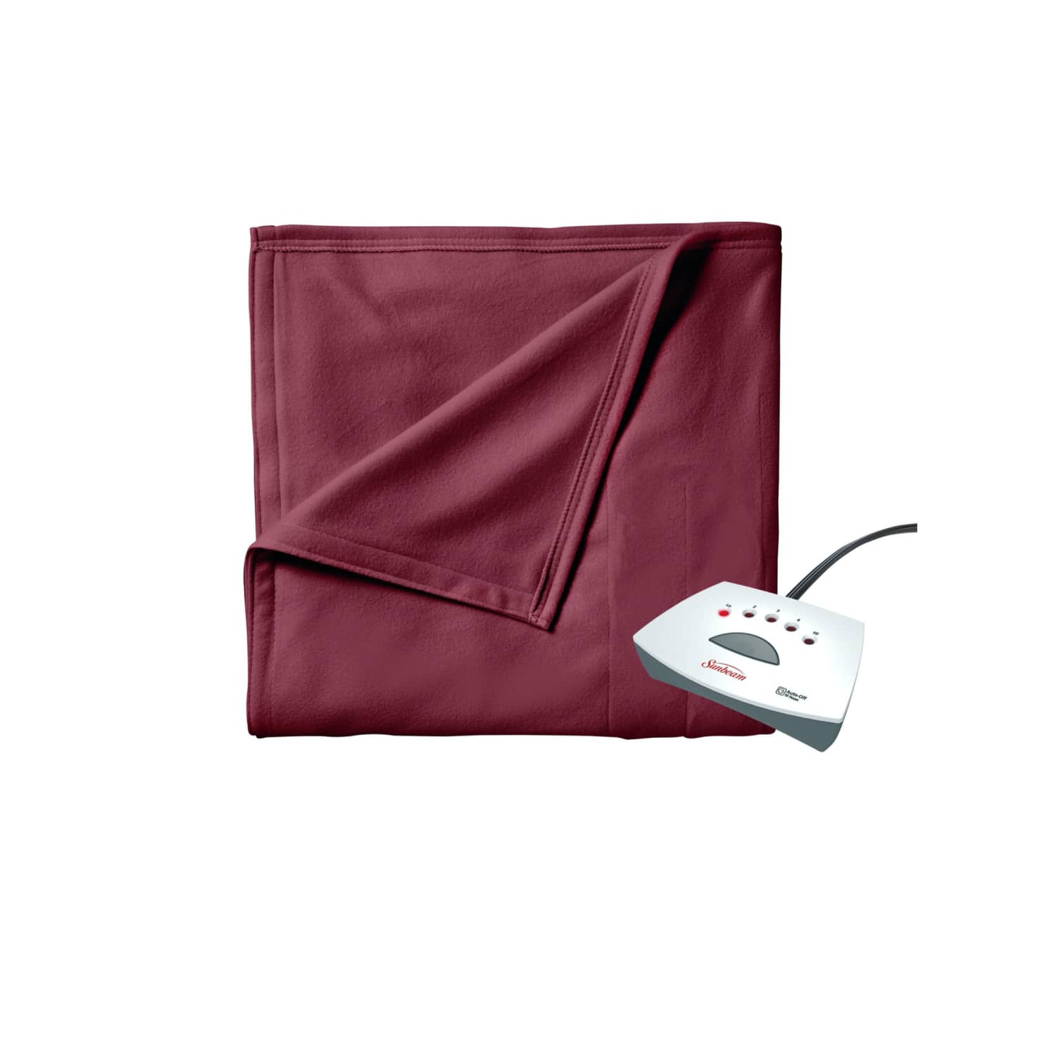 Sunbeam Fleece Heated Blanket, Twin (62" x 84"), Push Button Controller with 5 Heat Settings, Garnet