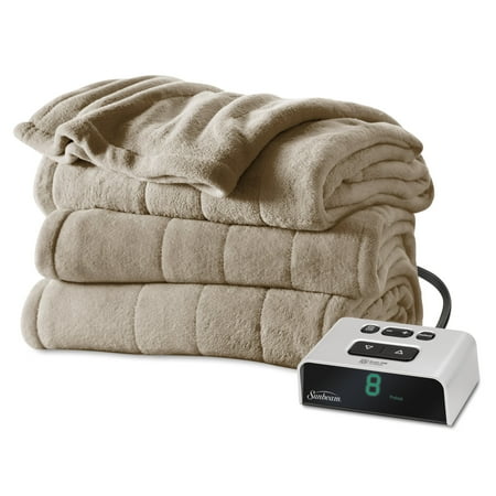 Sunbeam Electric Heated Microplush Channeled Blanket, Twin, Beige