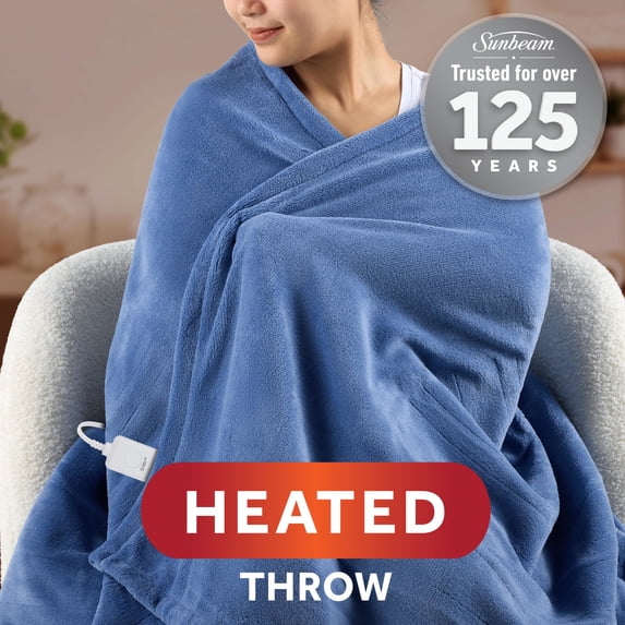 Sunbeam Electric Heated Throw Blanket Oversize Blue Corduroy Microplush 4 Heat Settings