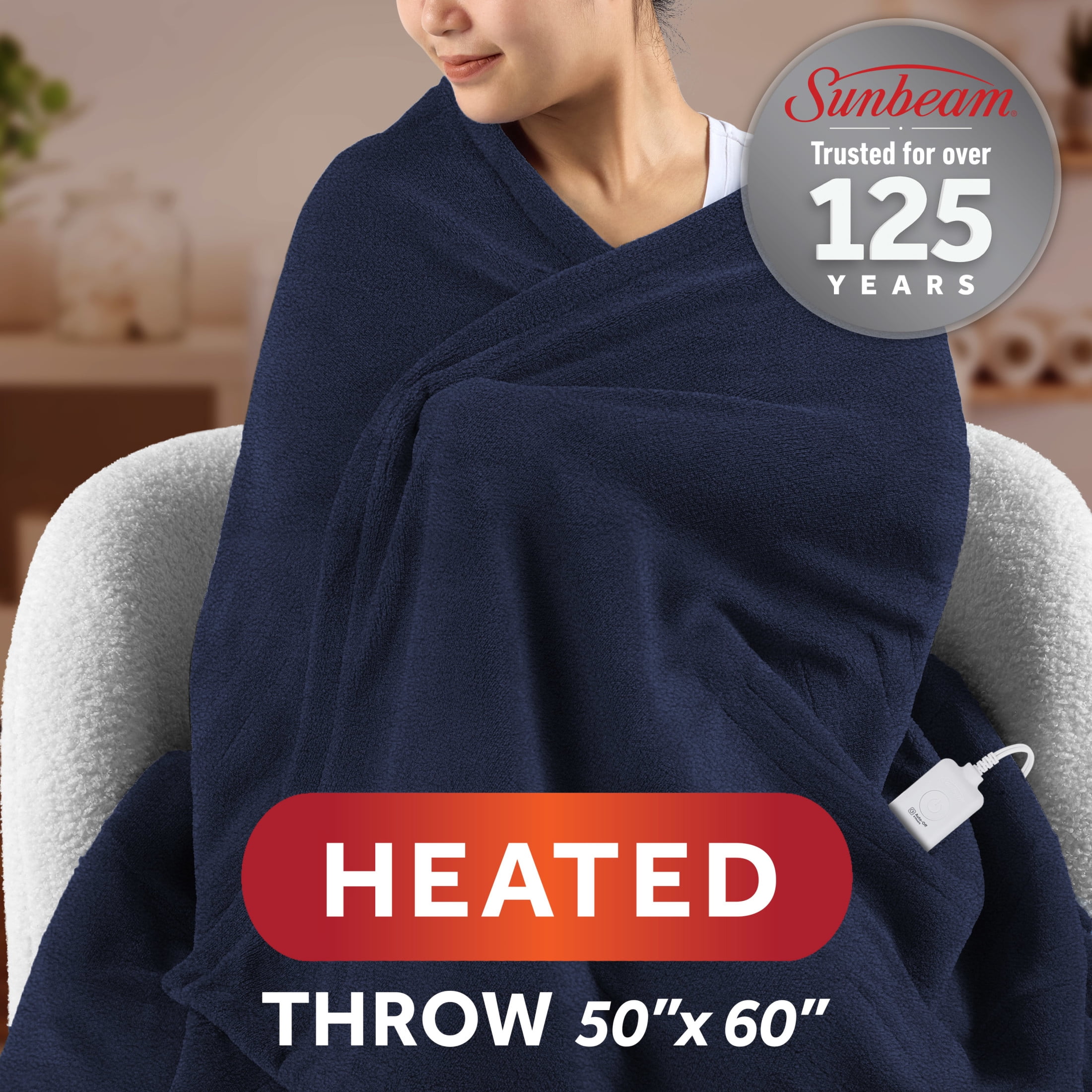 Sunbeam Electric Heated Throw Navy Blue Polar Fleece 4 Heat Settings Auto-Off 50x60