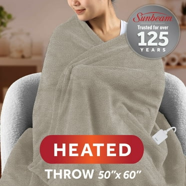 Sunbeam Electric Heated Throw Blanket Taupe Polar Fleece 4 Heat Settings Auto-Off 50x60