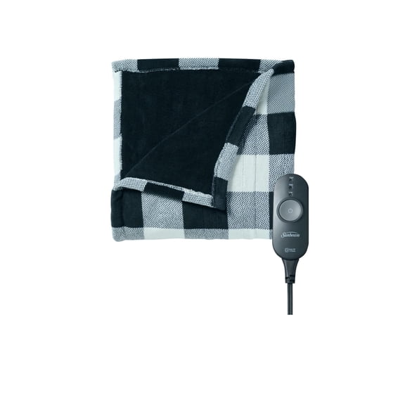Sunbeam Microplush Heated Throw (50" x 60"), Push Button Controller with 3 Heat Settings, Black/White Plaid