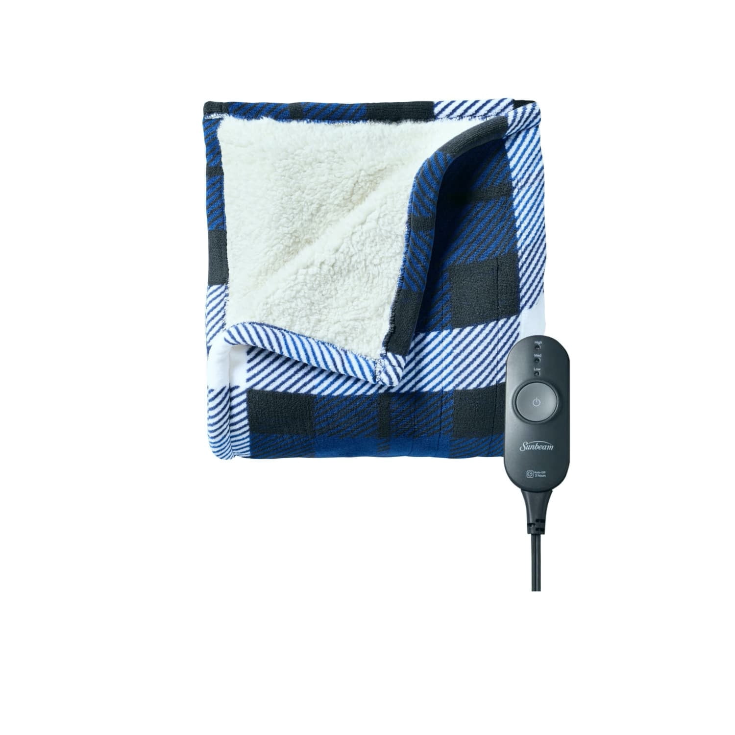 Sunbeam Microplush Reverse Sherpa Heated Throw (50" x 60"), Push Button Controller with 3 Heat Settings, Blue/Black Plaid
