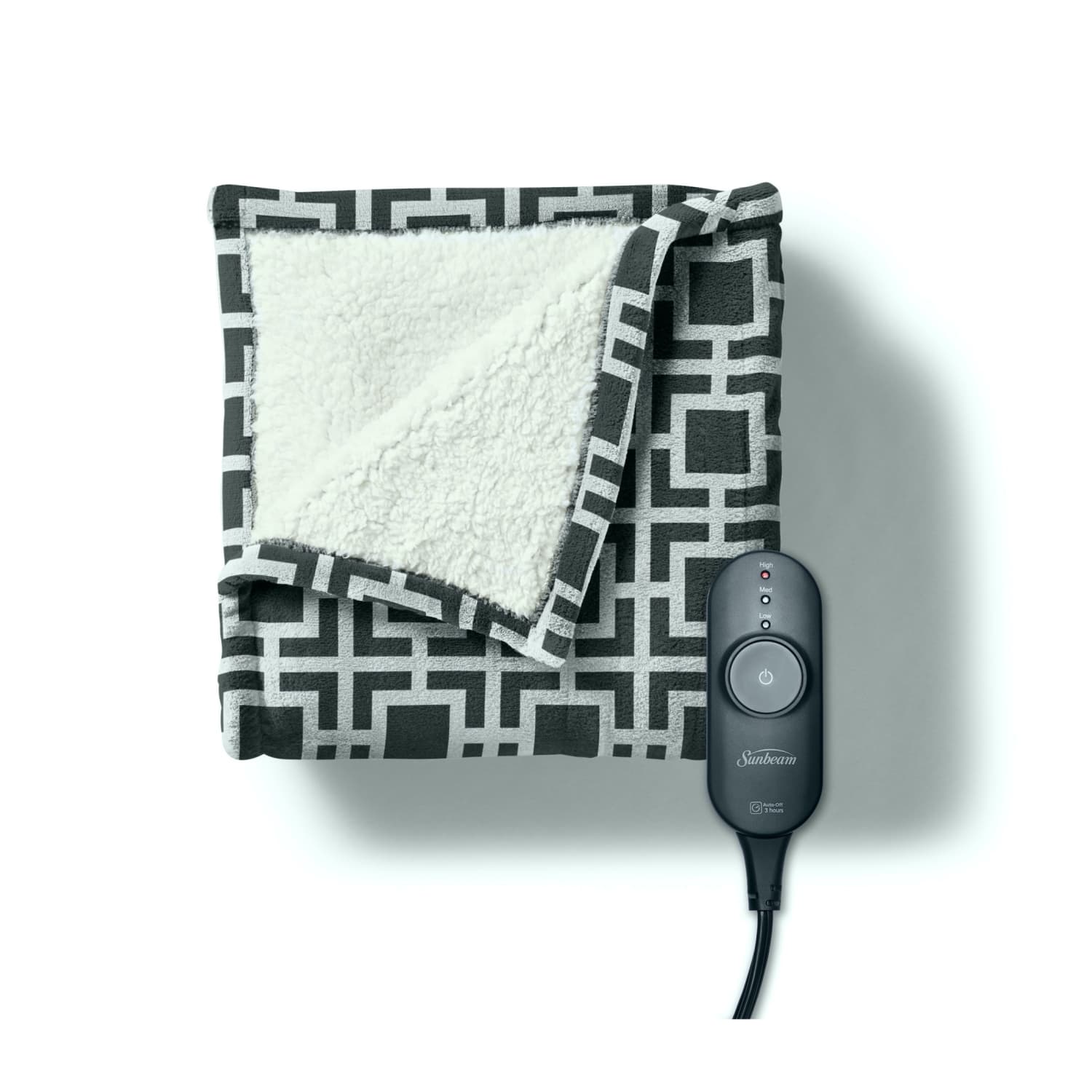 Sunbeam Microplush Reverse Sherpa Heated Throw (50" x 60"), Push Button Controller with 3 Heat Settings, Lattice Gray