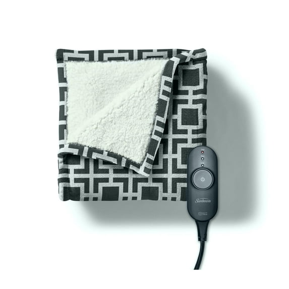 Sunbeam Microplush Reverse Sherpa Heated Throw (50" x 60"), Push Button Controller with 3 Heat Settings, Lattice Gray