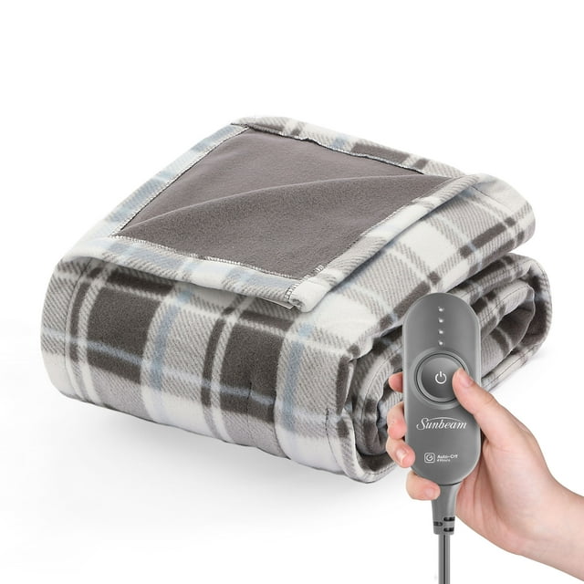 Sunbeam Fleece Electric Heated Throw Blanket, Gray and White Buffalo Plaid, 50" x 60"