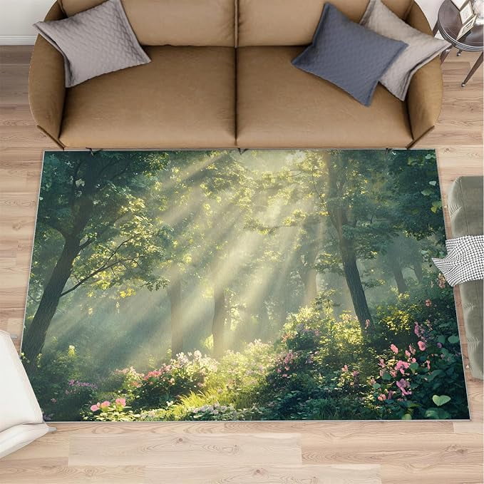 Machine Making Nature Sunbeam Forest Nature Scene Area Rug, Non-Slip Machine Washable Carpet ...