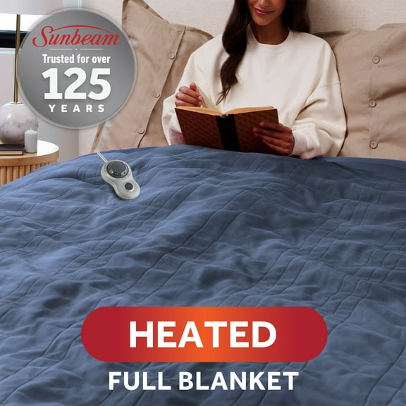 Sunbeam Heated Blanket Newport Blue Fleece 12 Heat Settings 12-Hour Auto Off Full 84"x72"