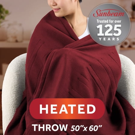Sunbeam Garnet Fleece Electric Heated Throw, 50" x 60", 3 Heat Settings, Fast Heating, Warming Throws with Auto-Shut Off, Machine Washable