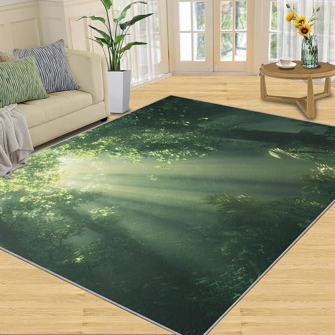 Machine Making Nature Sunbeam Green Forest Natural Scenery Area Rug, Non-Slip Machine ...