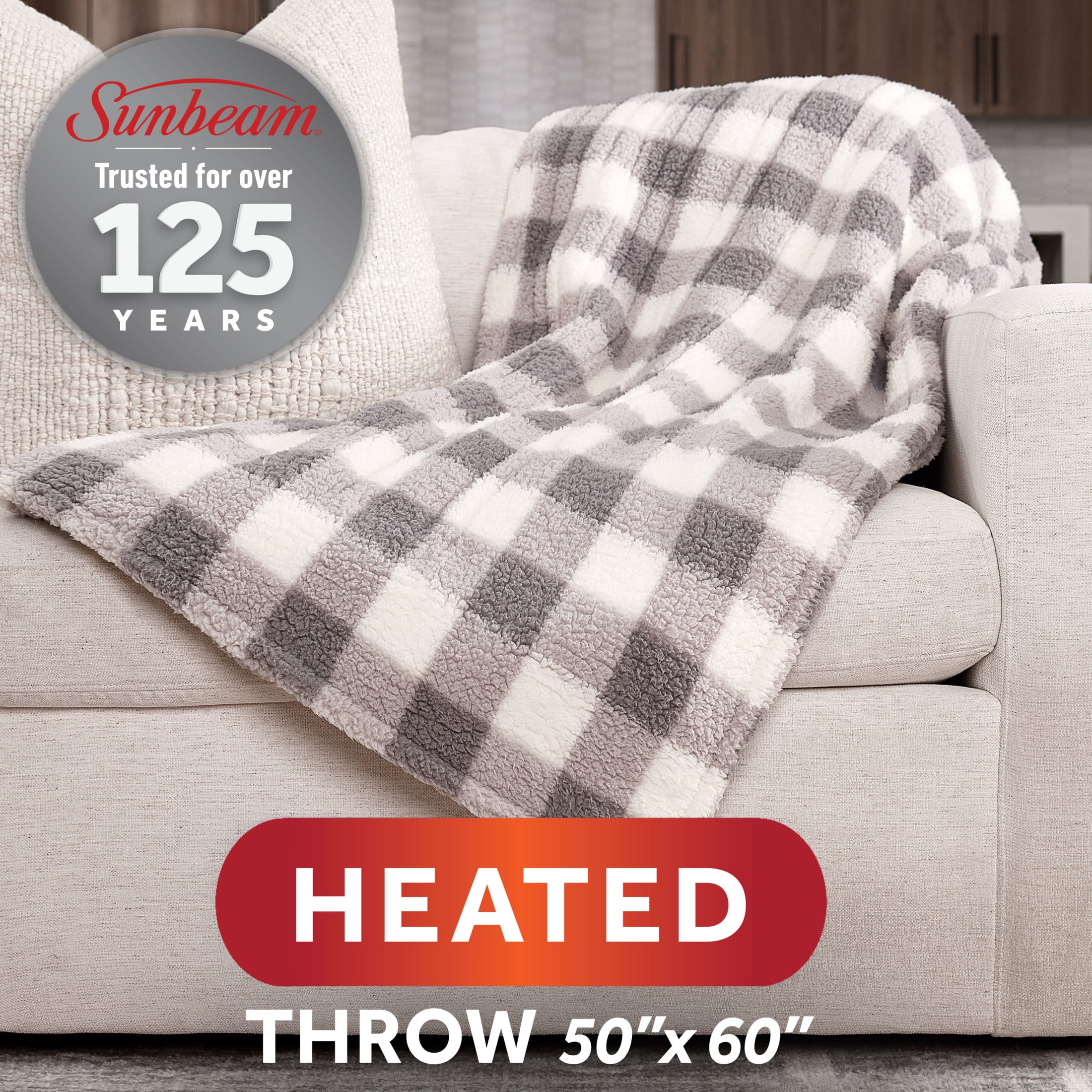 Sunbeam Heated Throw Nordic Sherpa Gray Buffalo Shade 4 Heat Settings 4-Hour Auto Off 50"x60"