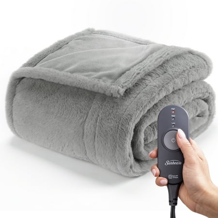 Sunbeam Grey Faux Fur Heated Electric Throw Blanket