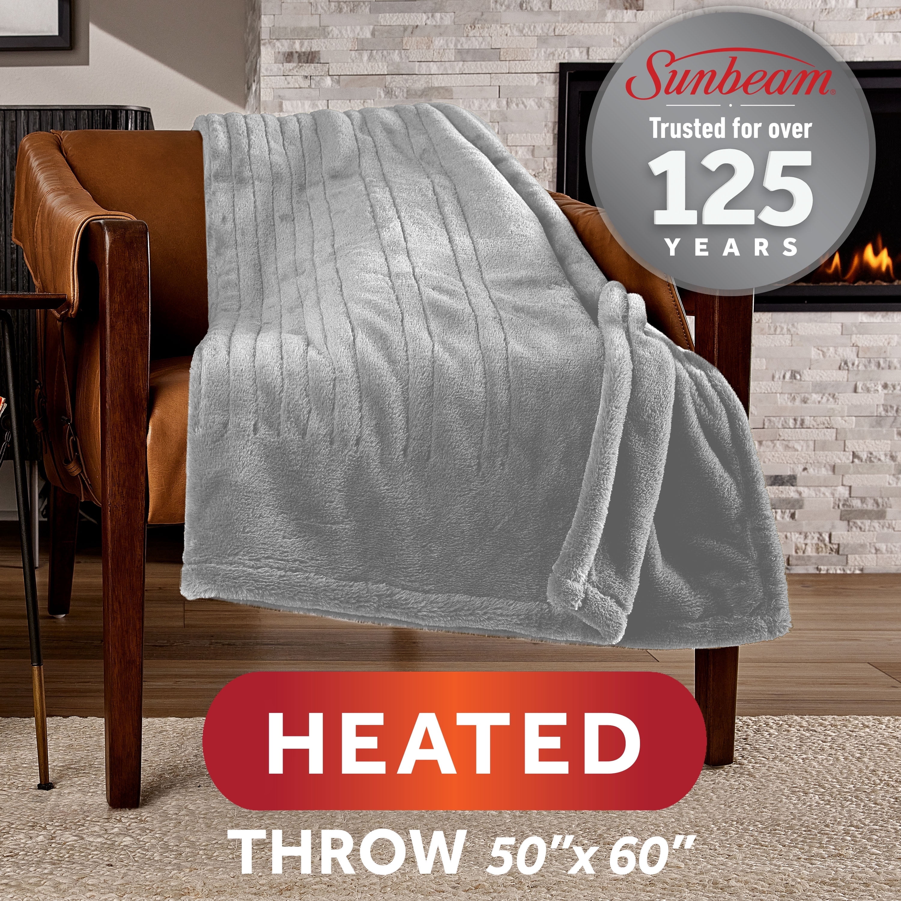 Sunbeam Heated Throw Blanket Faux Fur Gray 3 Heat Settings 3-Hour