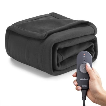Sunbeam Grey Flannel Fleece Electric Heated Throw, 50" x 60", 3 Heat Settings, Fast Heating, Warming Throws with Auto-Shut Off, Machine Washable