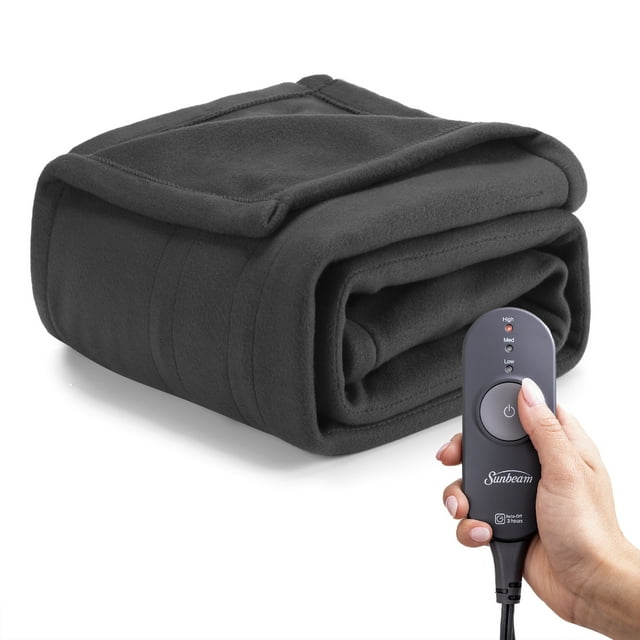 Sunbeam Grey Flannel Fleece Electric Heated Throw, 50" x 60", 3 Heat